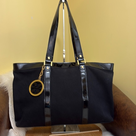 Tory Burch | Black Gold Jane Canvas & Patent Leather Tote Shoulder Bag - Picture 1 of 17
